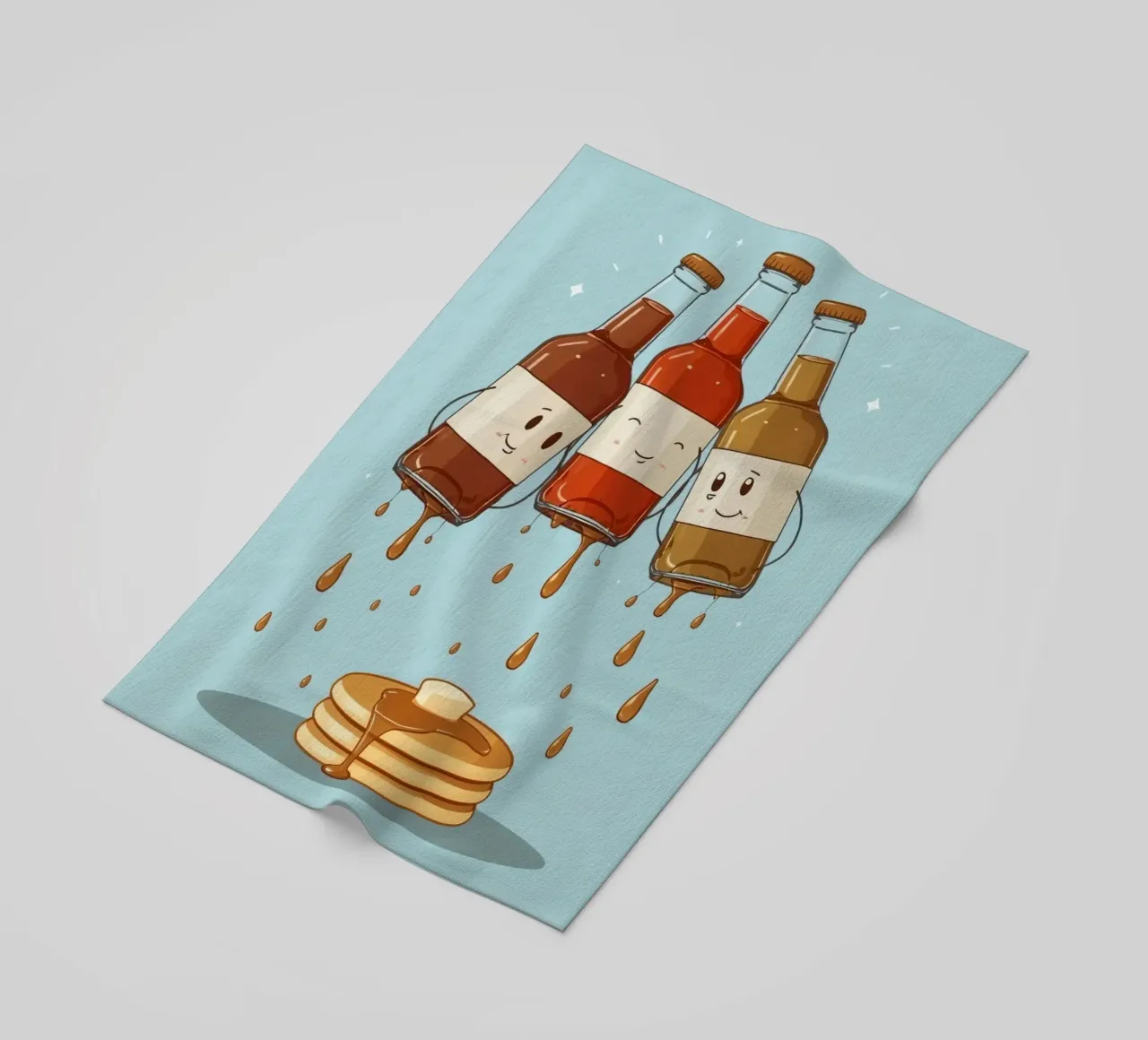 Simpatiche bottiglie che versano sciroppo sui pancake telo mare da DesignDoodle