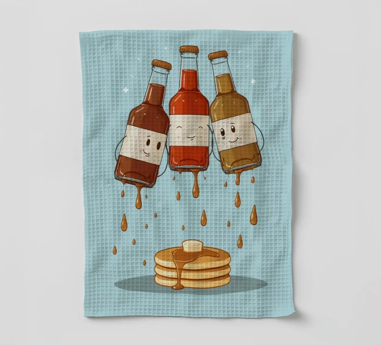 Simpatiche bottiglie che versano sciroppo sui pancake canovaccio da cucina da DesignDoodle