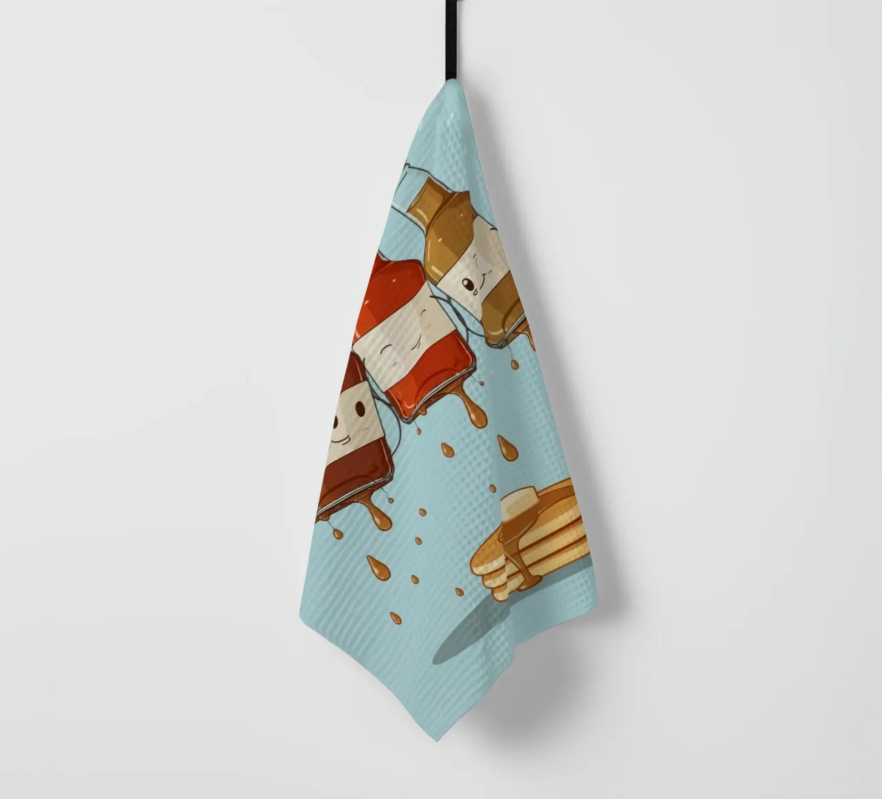 Simpatiche bottiglie che versano sciroppo sui pancake canovaccio da cucina da DesignDoodle
