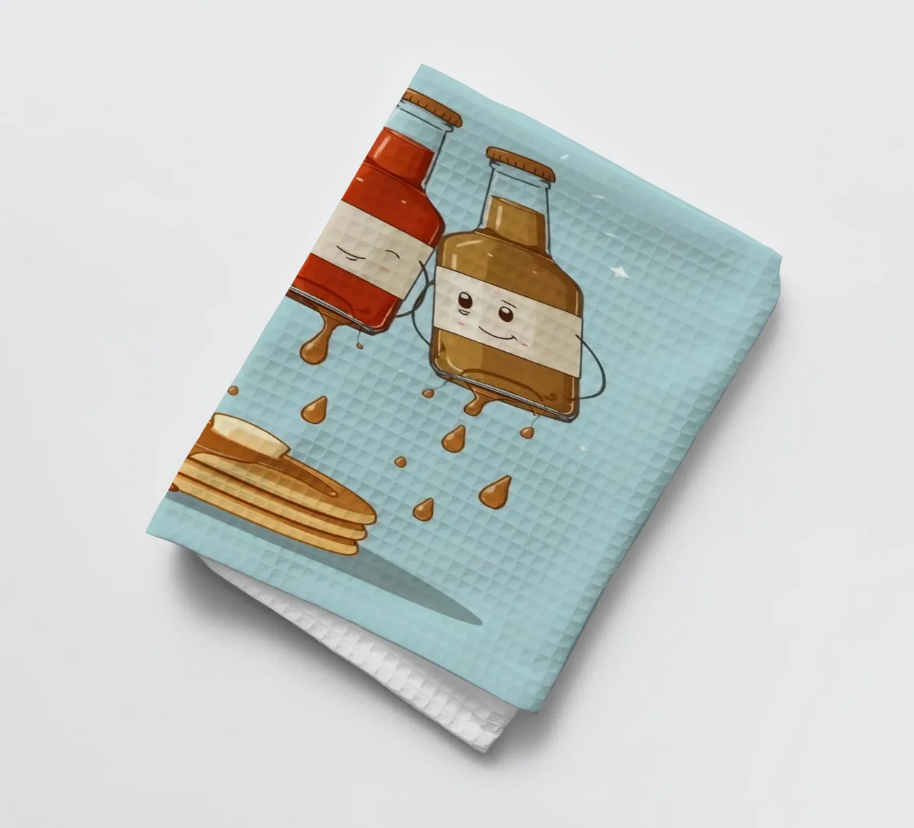 Simpatiche bottiglie che versano sciroppo sui pancake canovaccio da cucina da DesignDoodle