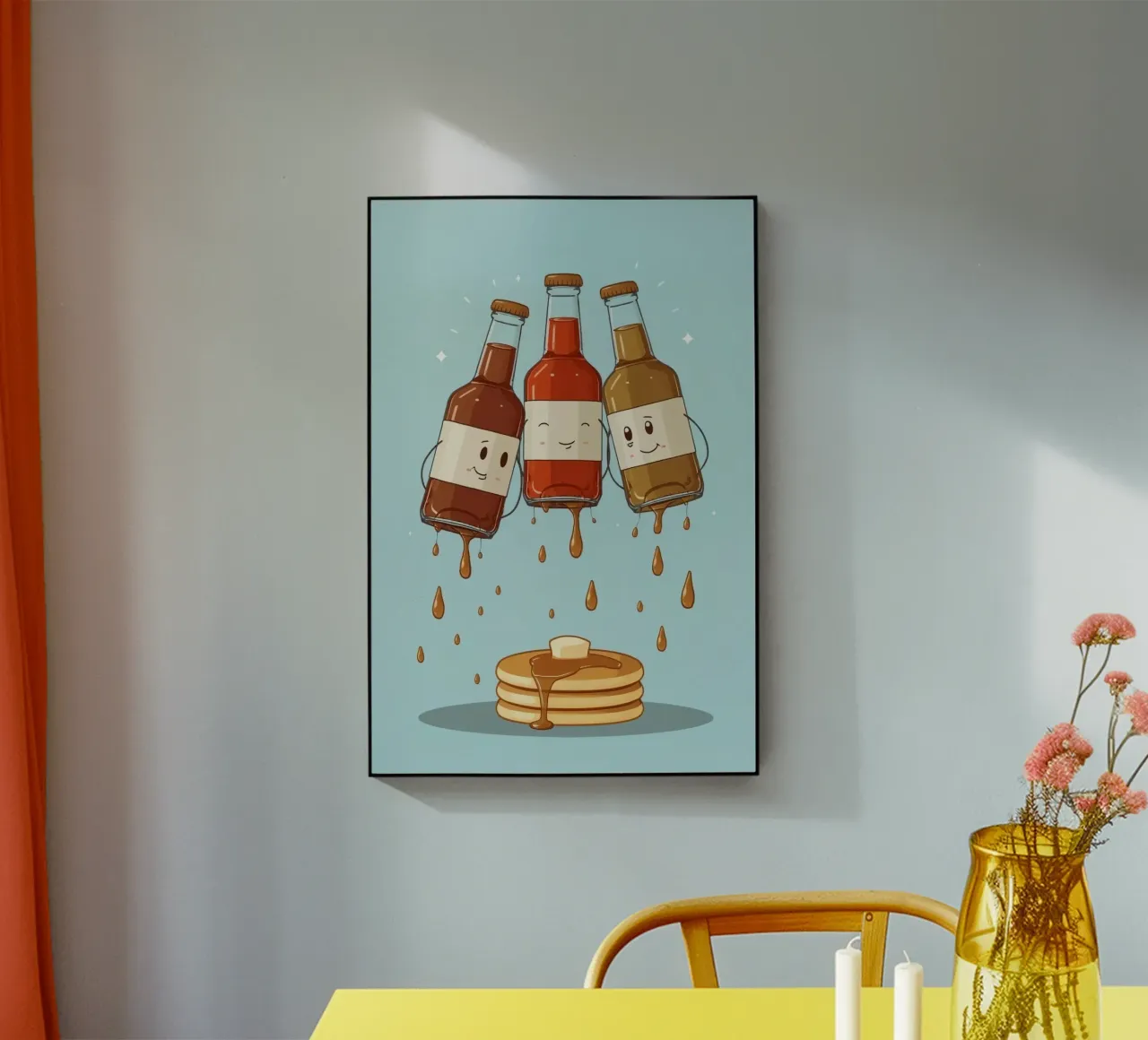 Simpatiche bottiglie che versano sciroppo sui pancake plexiglass da DesignDoodle