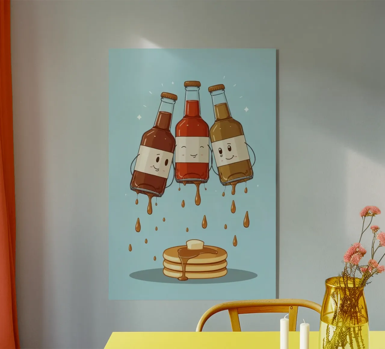 Simpatiche bottiglie che versano sciroppo sui pancake plexiglass da DesignDoodle