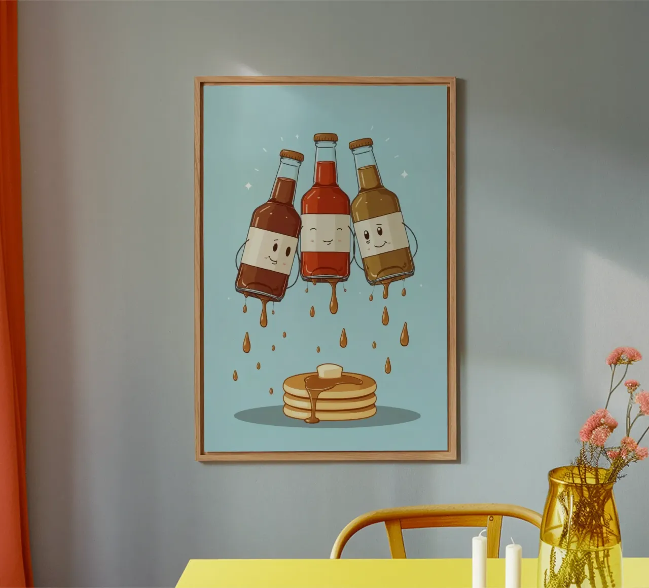 Simpatiche bottiglie che versano sciroppo sui pancake alluminio dibond da DesignDoodle