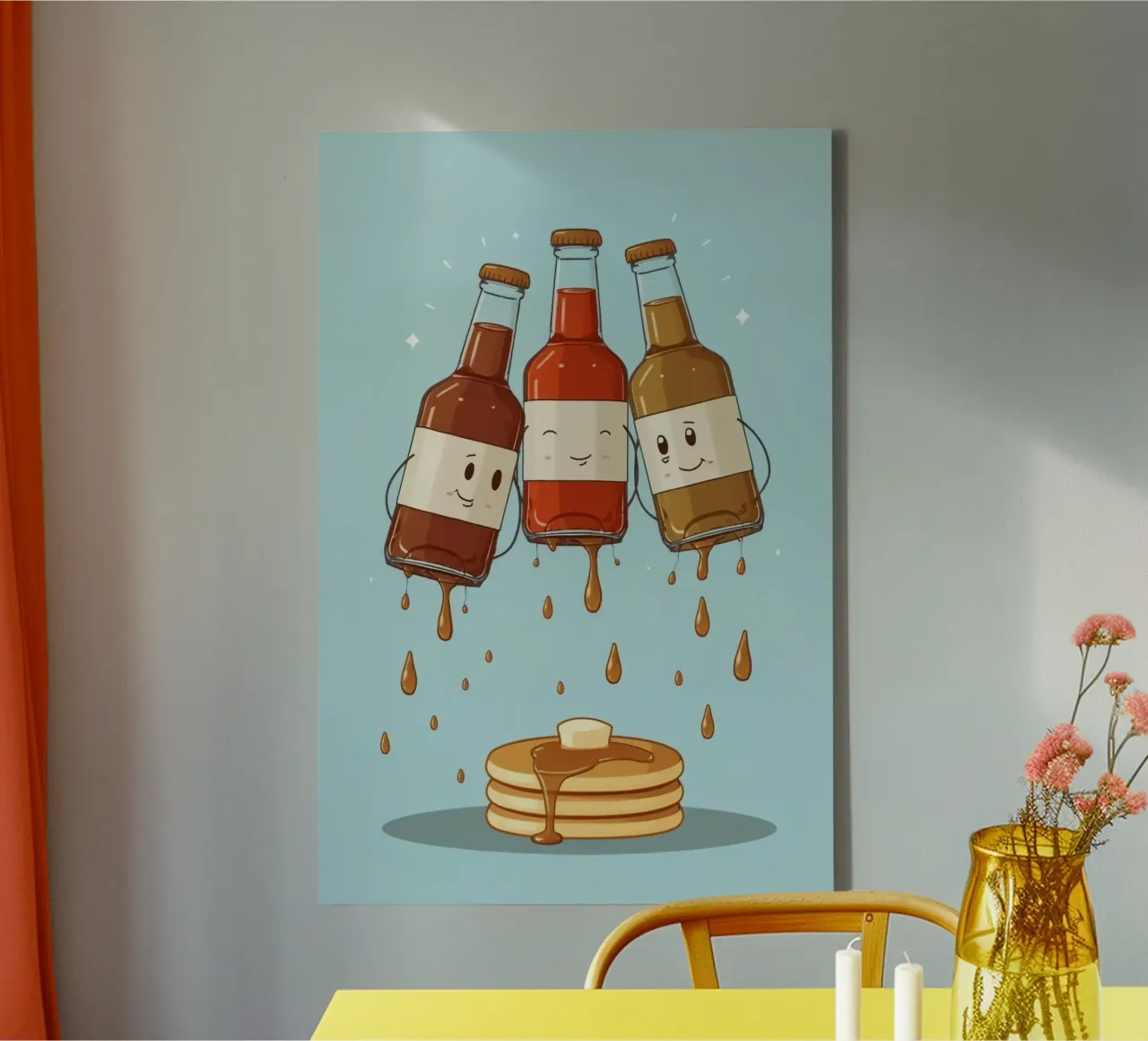 Simpatiche bottiglie che versano sciroppo sui pancake tela da DesignDoodle