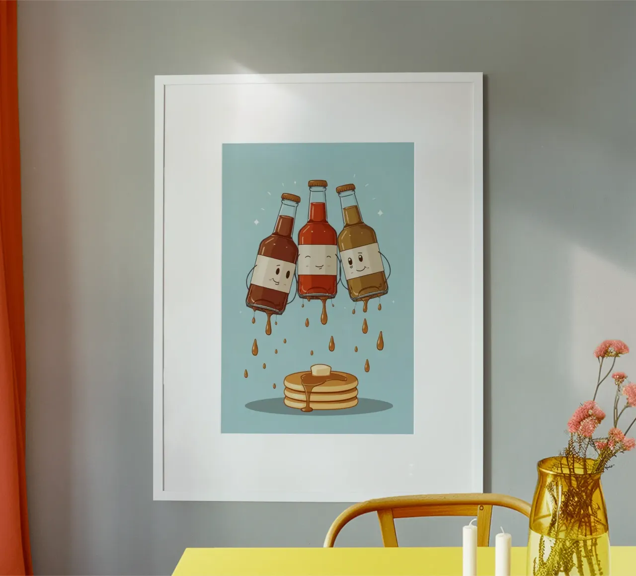 Simpatiche bottiglie che versano sciroppo sui pancake carta hahnemühle da DesignDoodle