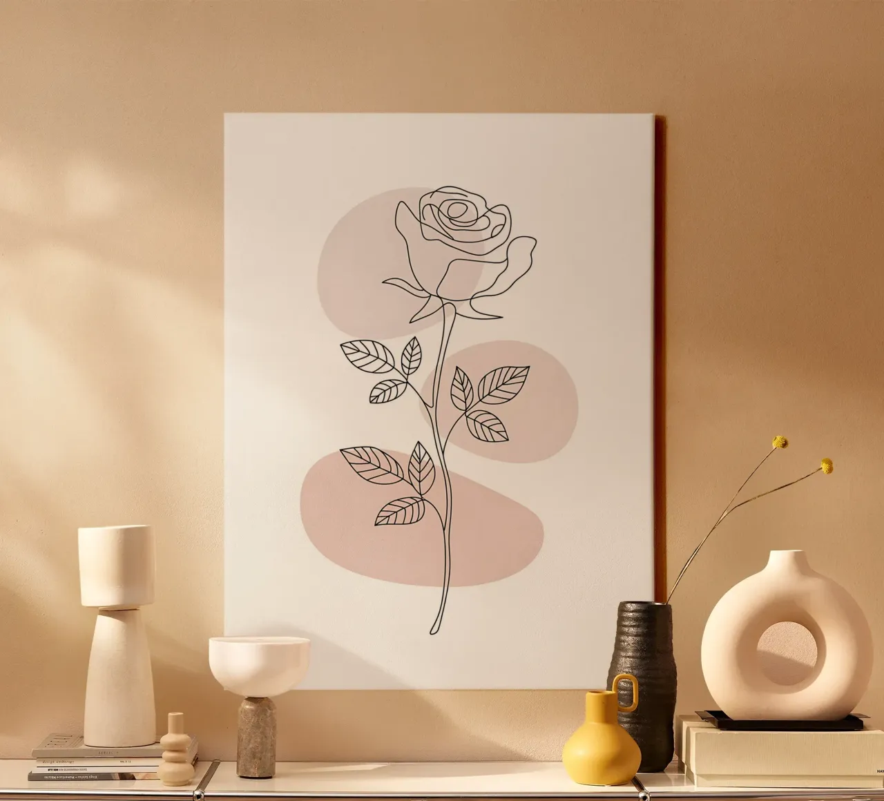 Elegant rose in a continuous line and abstract shapes canvas by Plain Thoughts