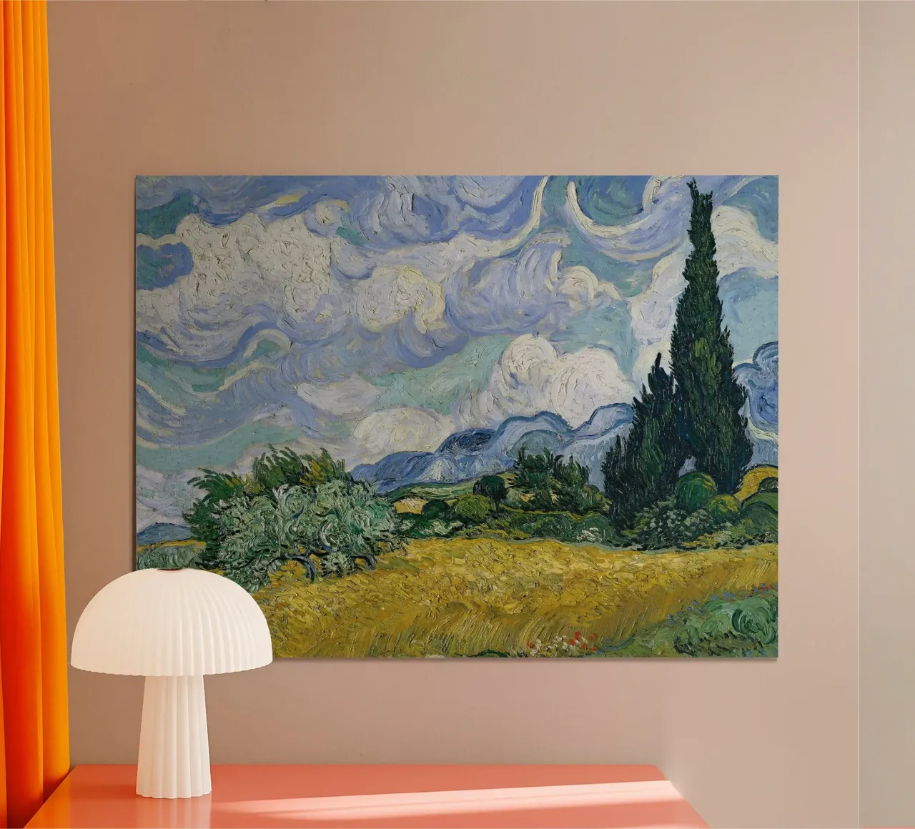 Weizenfeld mit Zypressen - Vincent van Gogh Poster mit Aluminium Rahmen von Sylviepaint