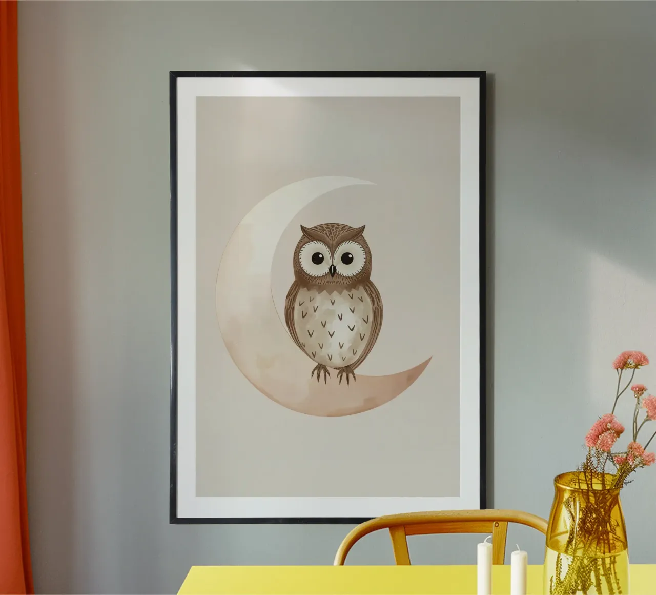 Un simpatico gufo sulla luna poster con telaio in alluminio da DesignDoodle