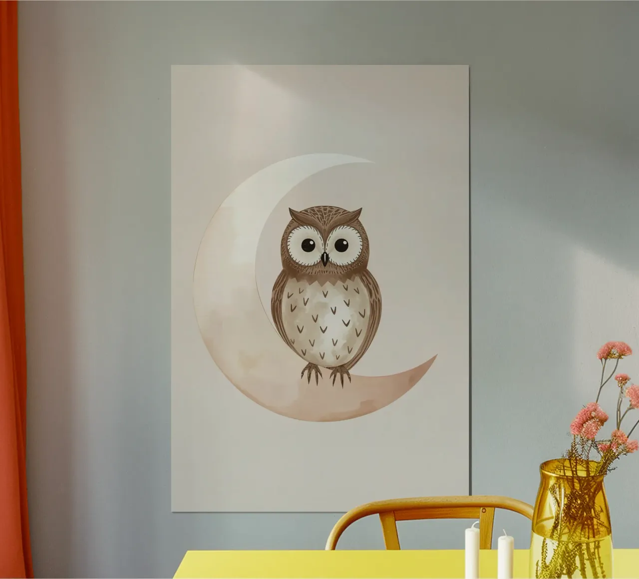 Un simpatico gufo sulla luna poster con telaio in alluminio da DesignDoodle