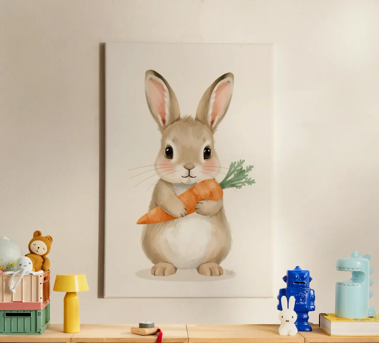 Simpático conejito abrazando su zanahoria lienzo con Marco flotante de DesignDoodle