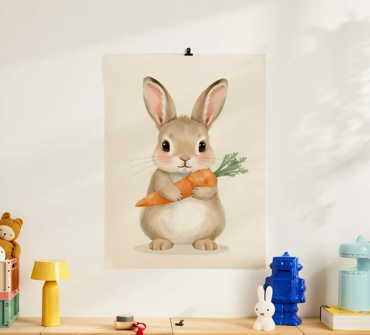 Coniglietto carino che abbraccia la sua carota poster con telaio in legno da DesignDoodle