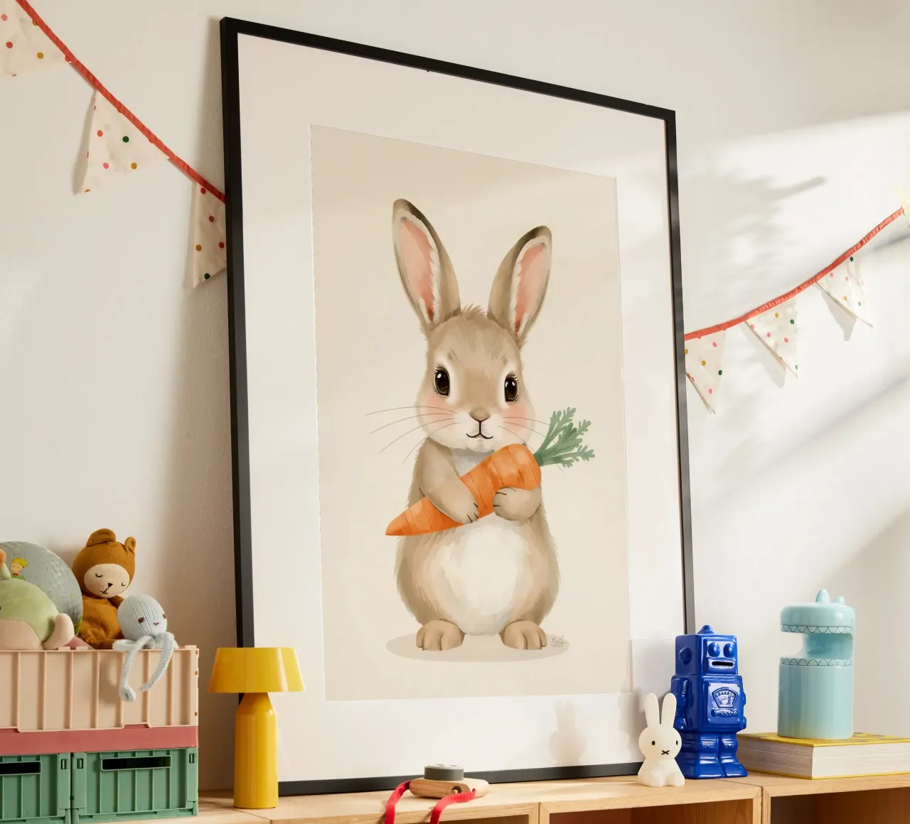 Coniglietto carino che abbraccia la sua carota poster con telaio in legno da DesignDoodle