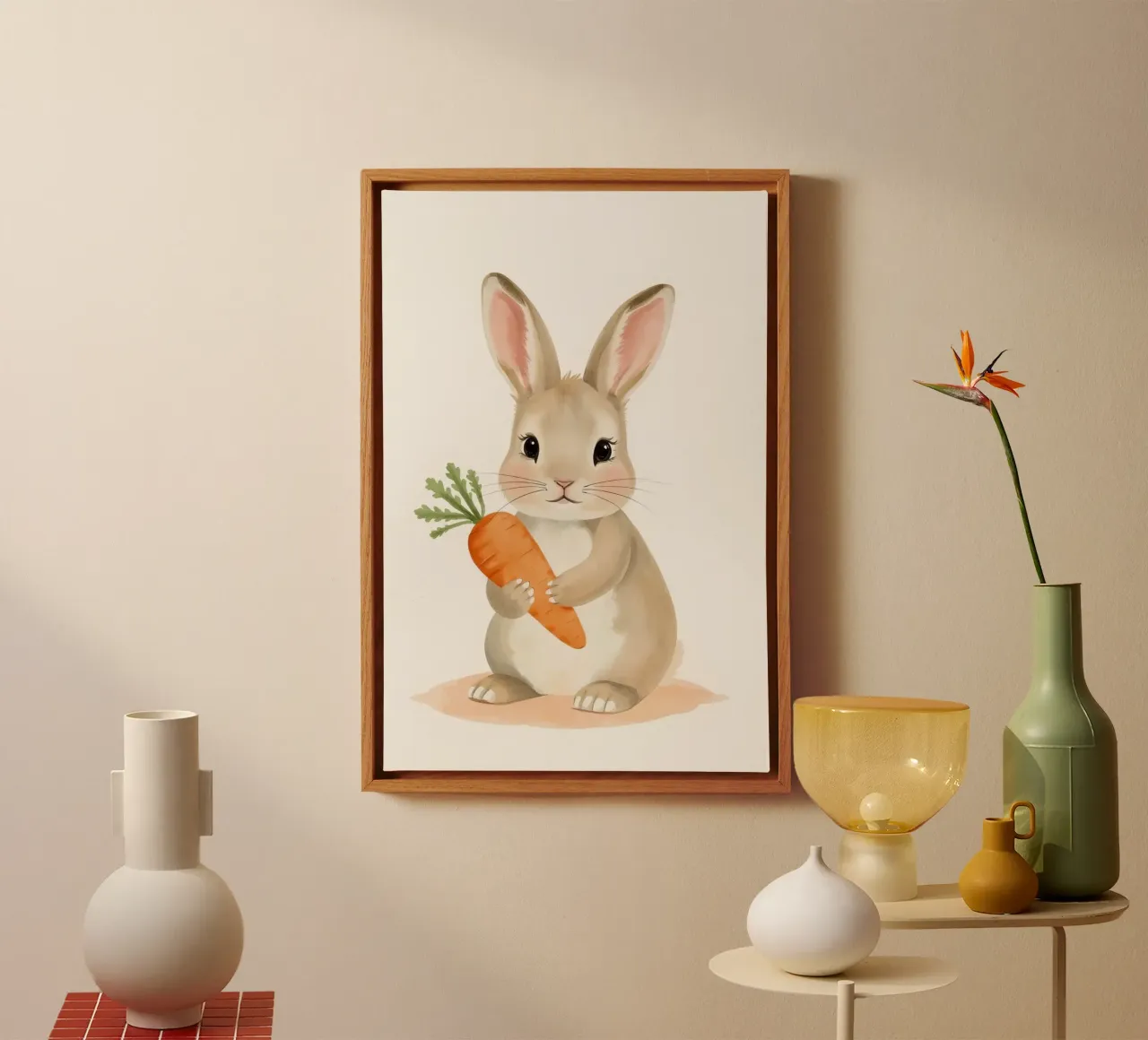 Verängstigtes Kaninchen umarmt ihre Karotte Leinwand mit Schattenfugenrahmen von DesignDoodle