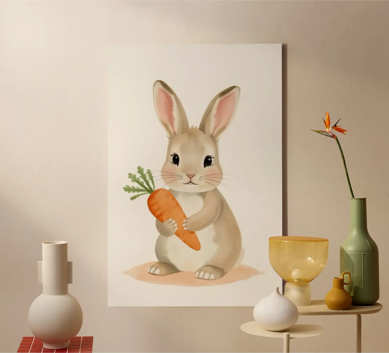 Verängstigtes Kaninchen umarmt ihre Karotte Leinwand mit Schattenfugenrahmen von DesignDoodle