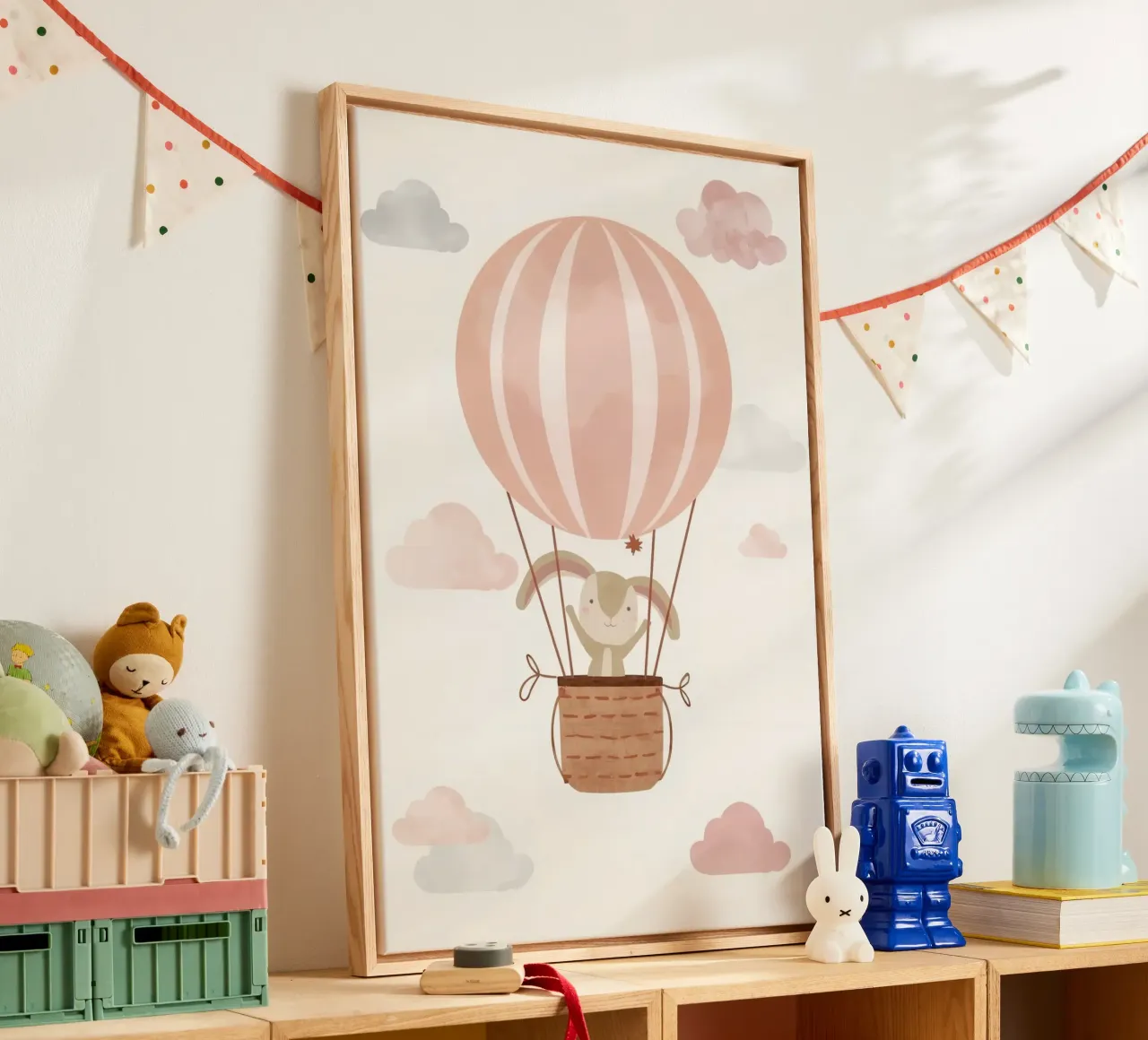 Lindo conejito en globo aerostático con nubes lienzo con Marco flotante de DesignDoodle