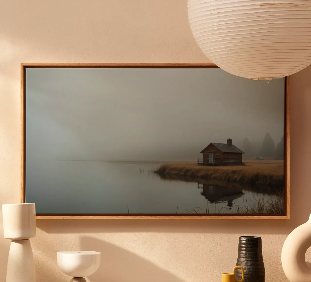 Cabin by Lake in Fog canvas with Floater frame by DesignDoodle