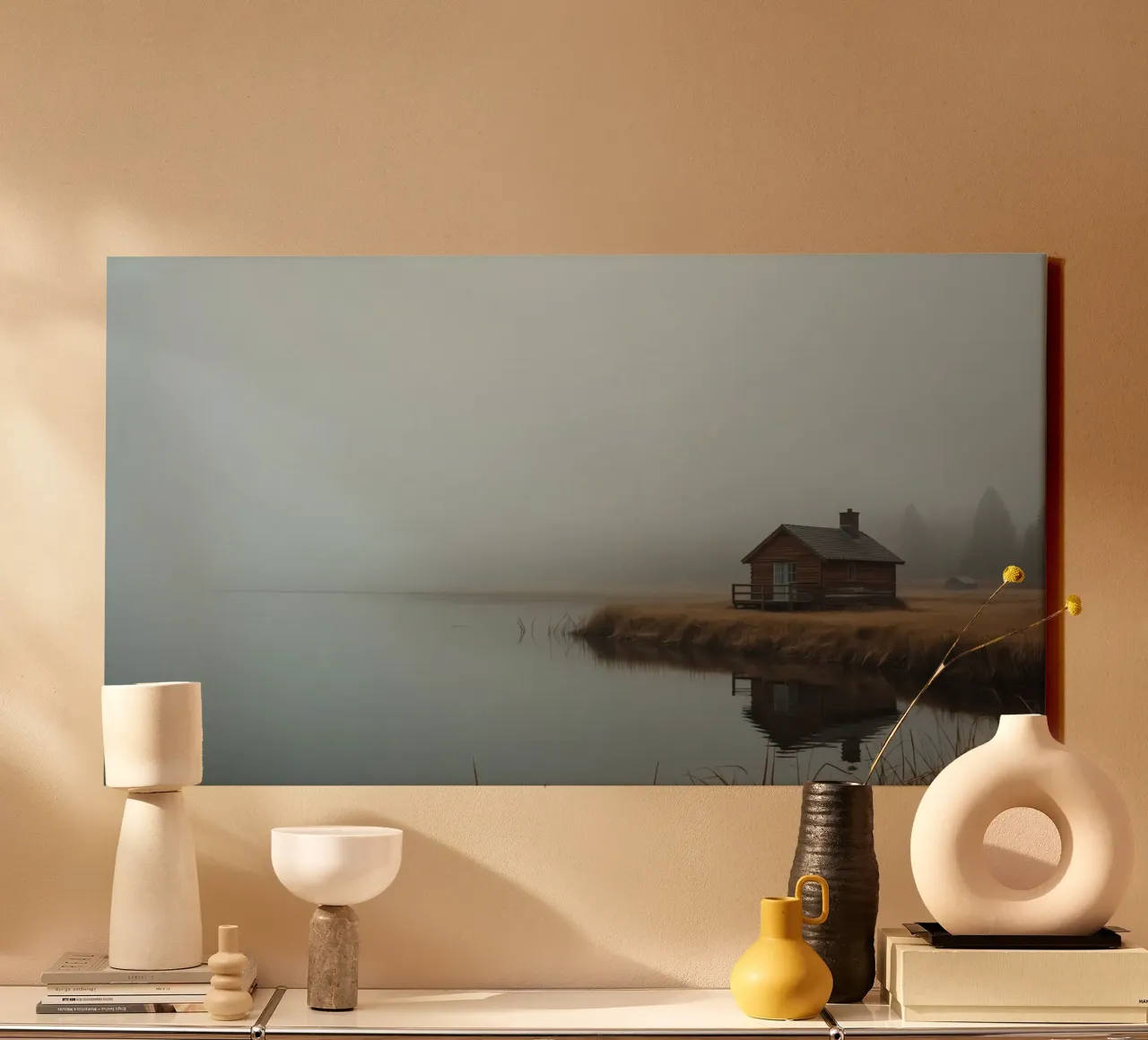 Cabin by Lake in Fog canvas with Floater frame by DesignDoodle