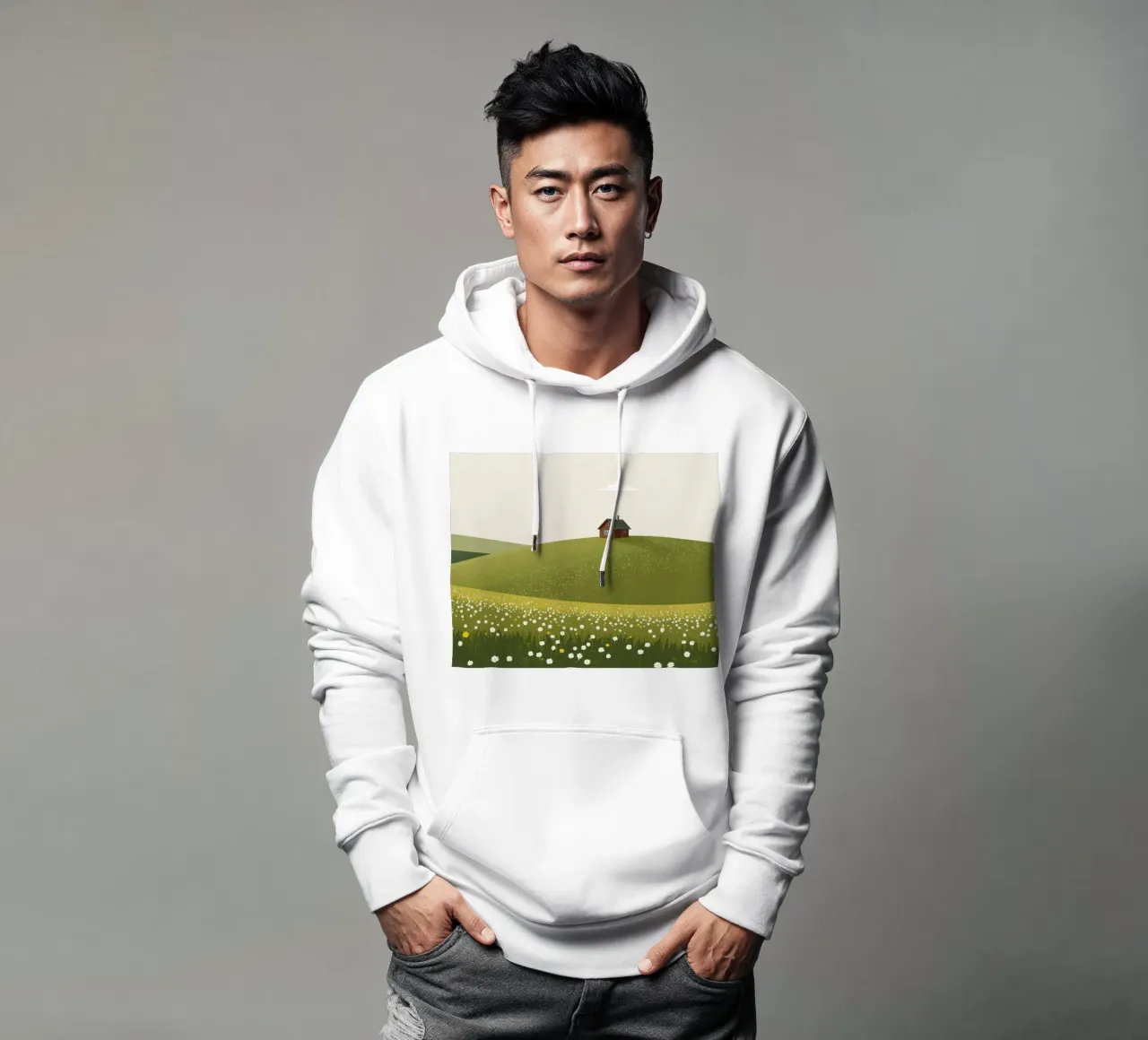Cabina in cima a una collina di fiori selvatici felpa con cappuccio da DesignDoodle