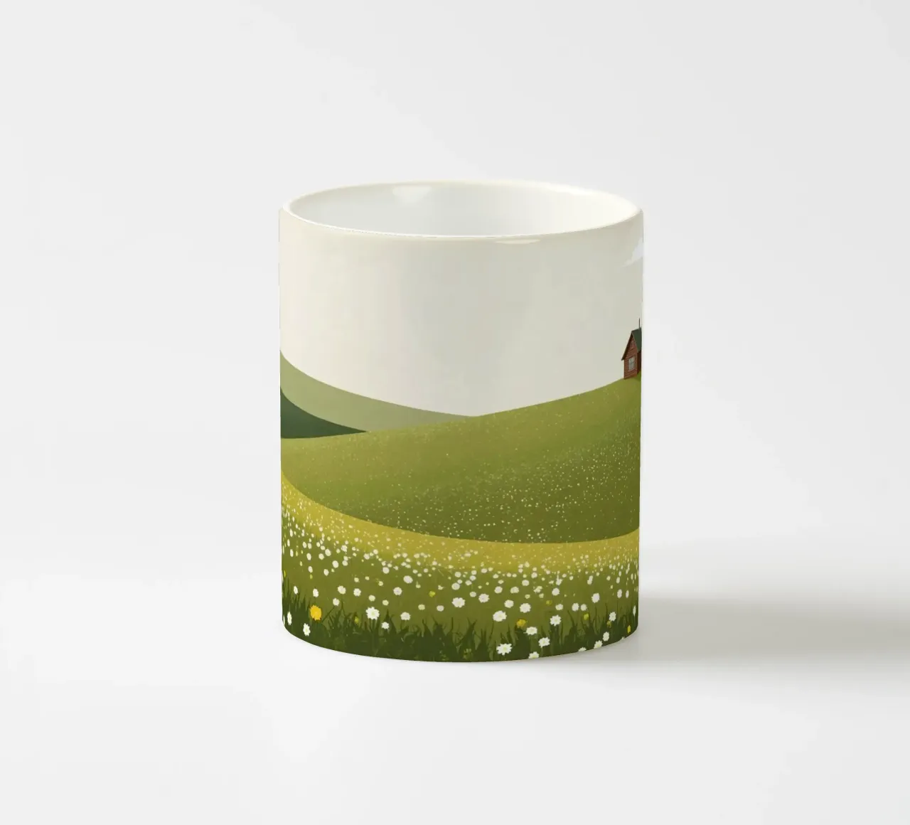 Cabina in cima a una collina di fiori selvatici tazza in ceramica da DesignDoodle