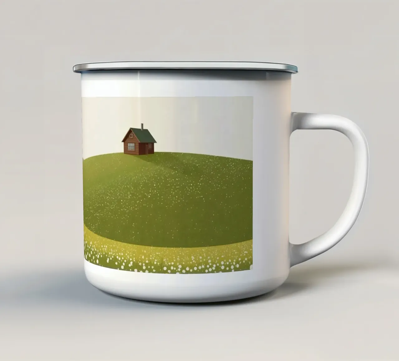 Cabina in cima a una collina di fiori selvatici tazza in smalto da DesignDoodle