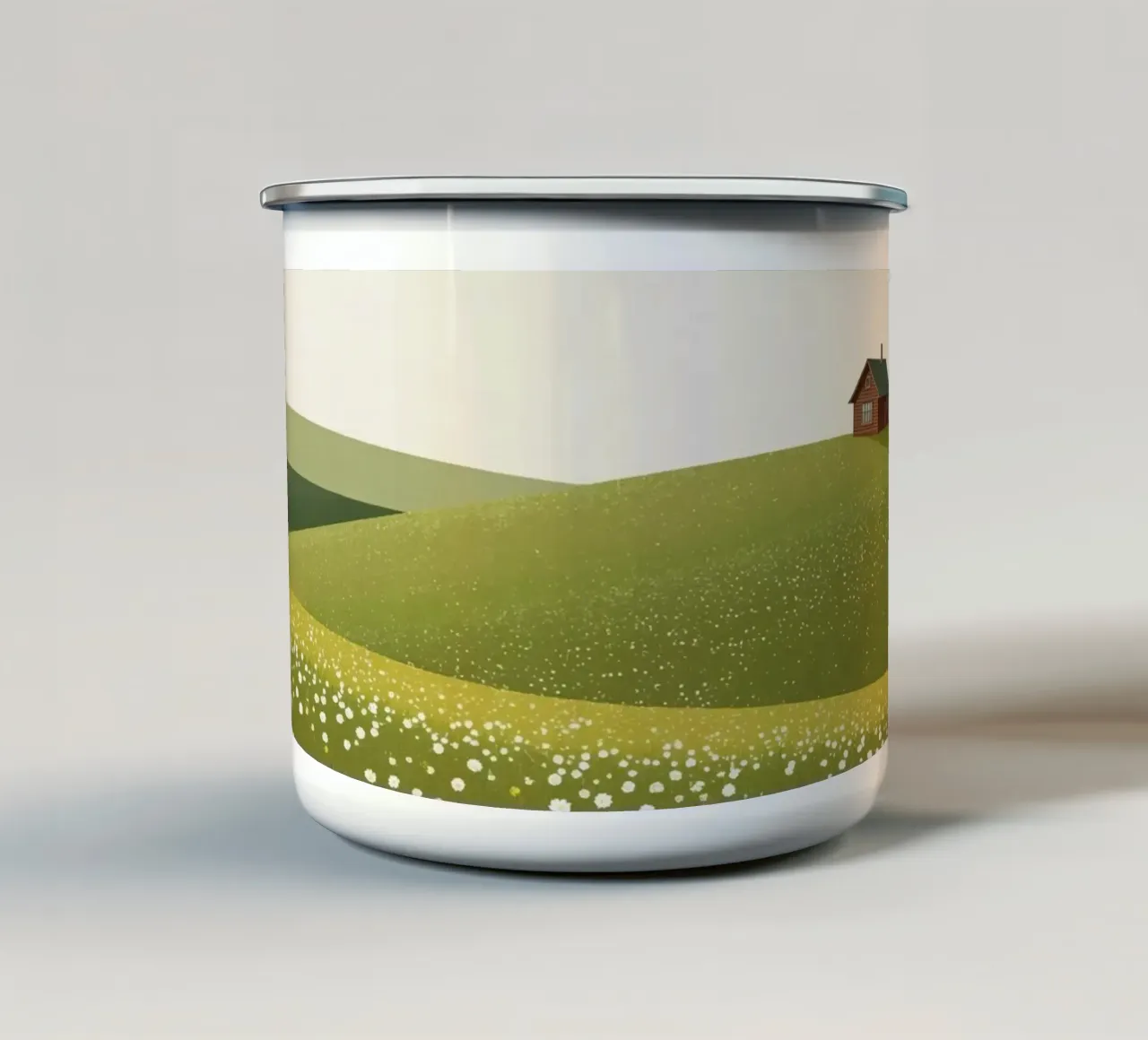 Cabina in cima a una collina di fiori selvatici tazza in smalto da DesignDoodle
