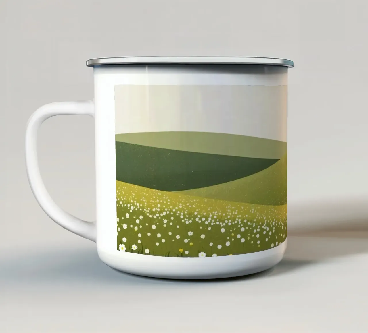 Cabina in cima a una collina di fiori selvatici tazza in smalto da DesignDoodle