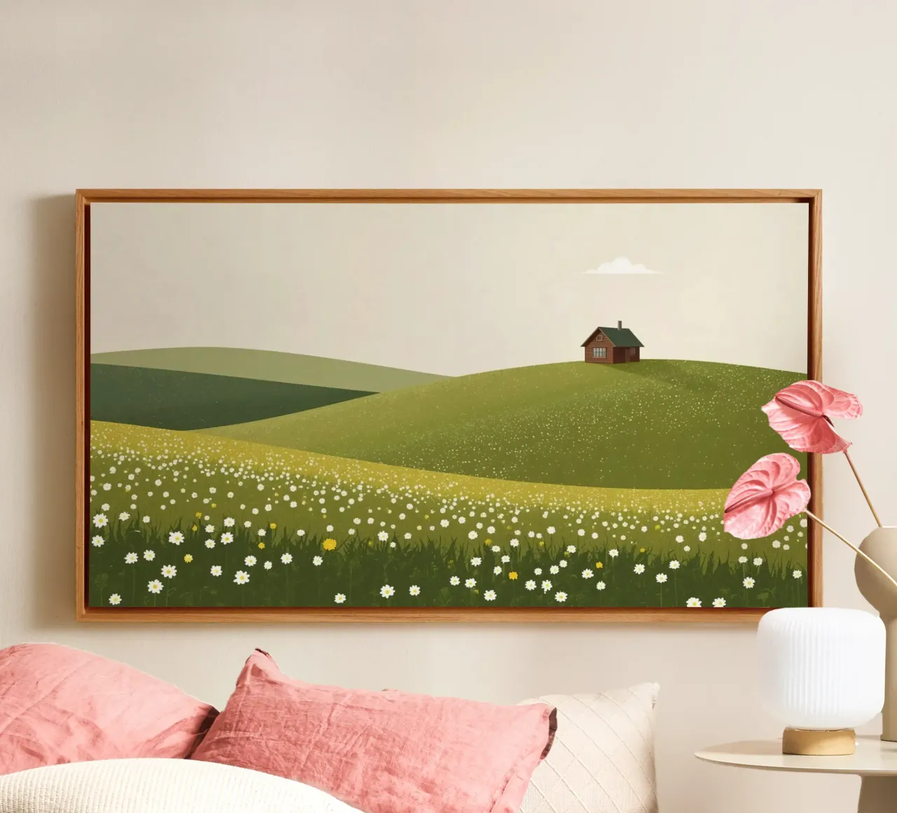 Cabina in cima a una collina di fiori selvatici tela con Cornice a cassetta da DesignDoodle