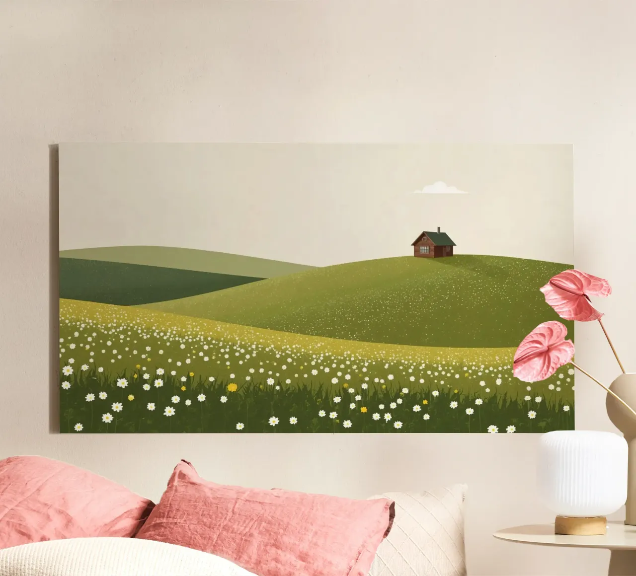Cabina in cima a una collina di fiori selvatici tela con Cornice a cassetta da DesignDoodle