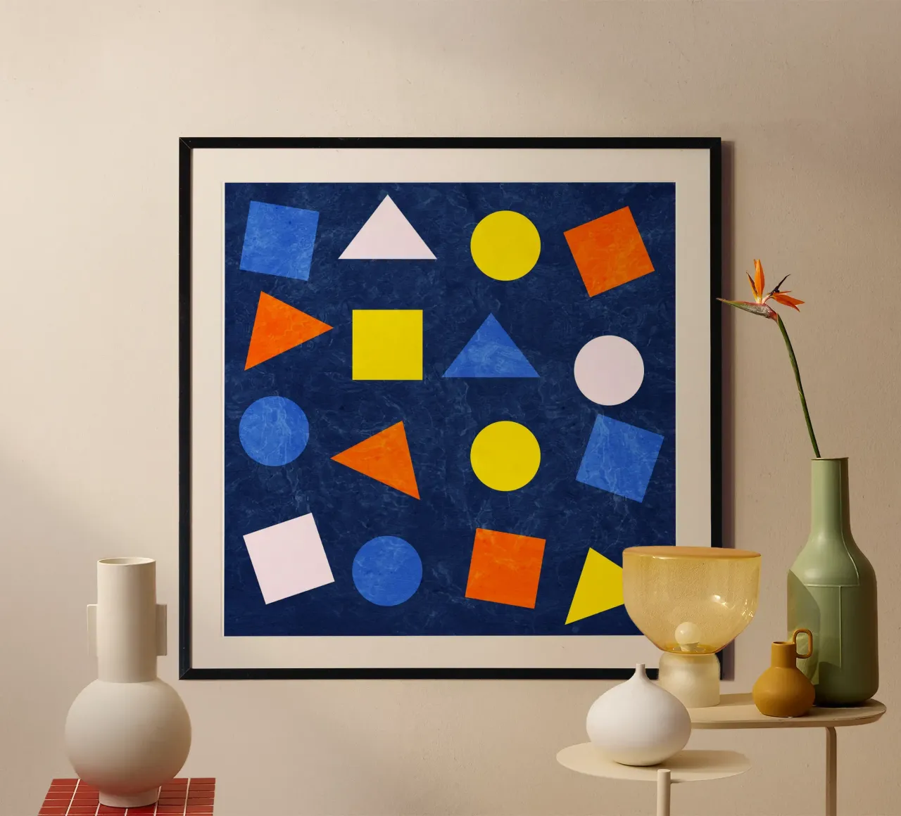 Forme geometriche colorate - Arancione, blu e giallo poster con telaio in plastica da lovely lines