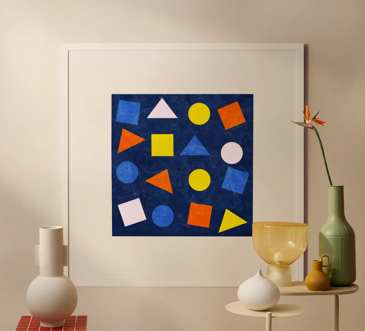 Forme geometriche colorate - Arancione, blu e giallo poster con telaio in plastica da lovely lines