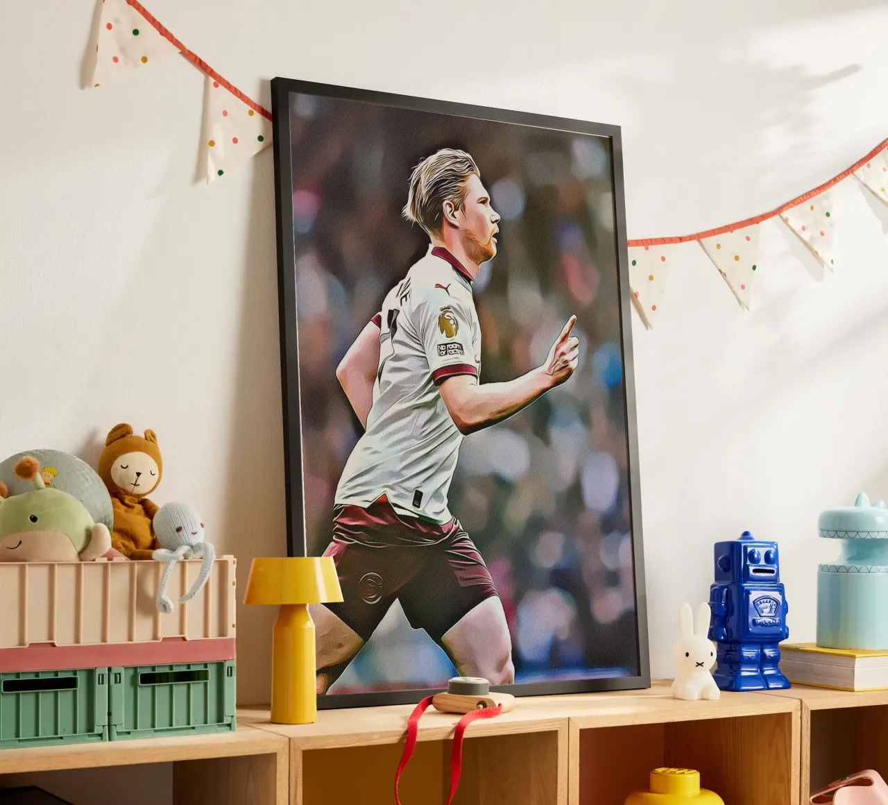 Kevin De Bruyne Running Celebration Maglia Premier League Po poster con telaio in alluminio da ArdanART
