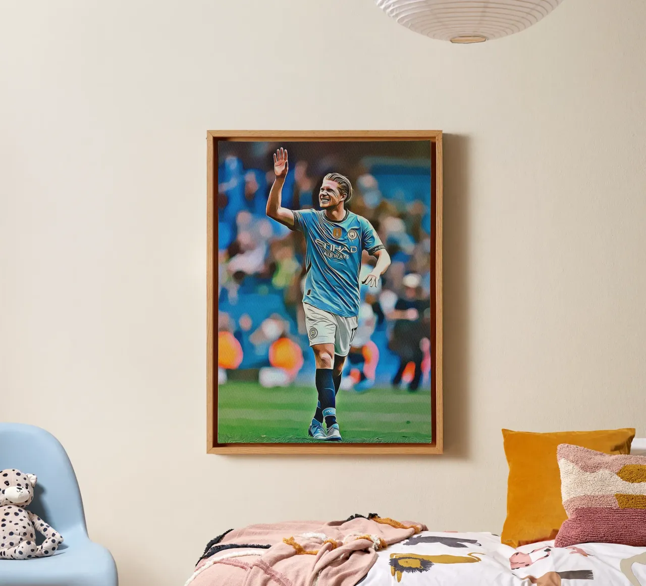 Kevin De Bruyne sorridente celebrazione Manchester City maglia P tela con Cornice a cassetta da ArdanART