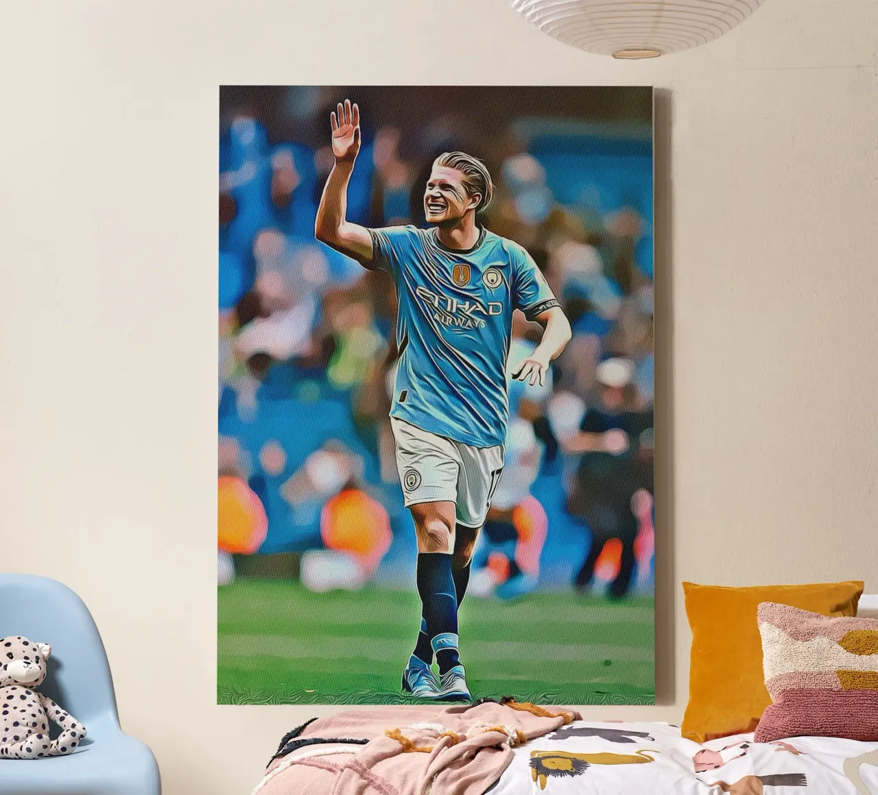 Kevin De Bruyne sorridente celebrazione Manchester City maglia P tela con Cornice a cassetta da ArdanART