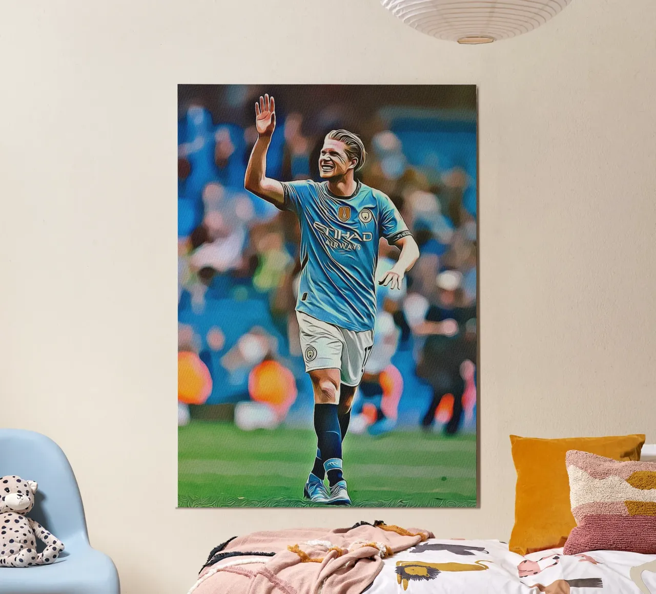 Kevin De Bruyne sorridente celebrazione Manchester City maglia P poster con telaio in alluminio da ArdanART