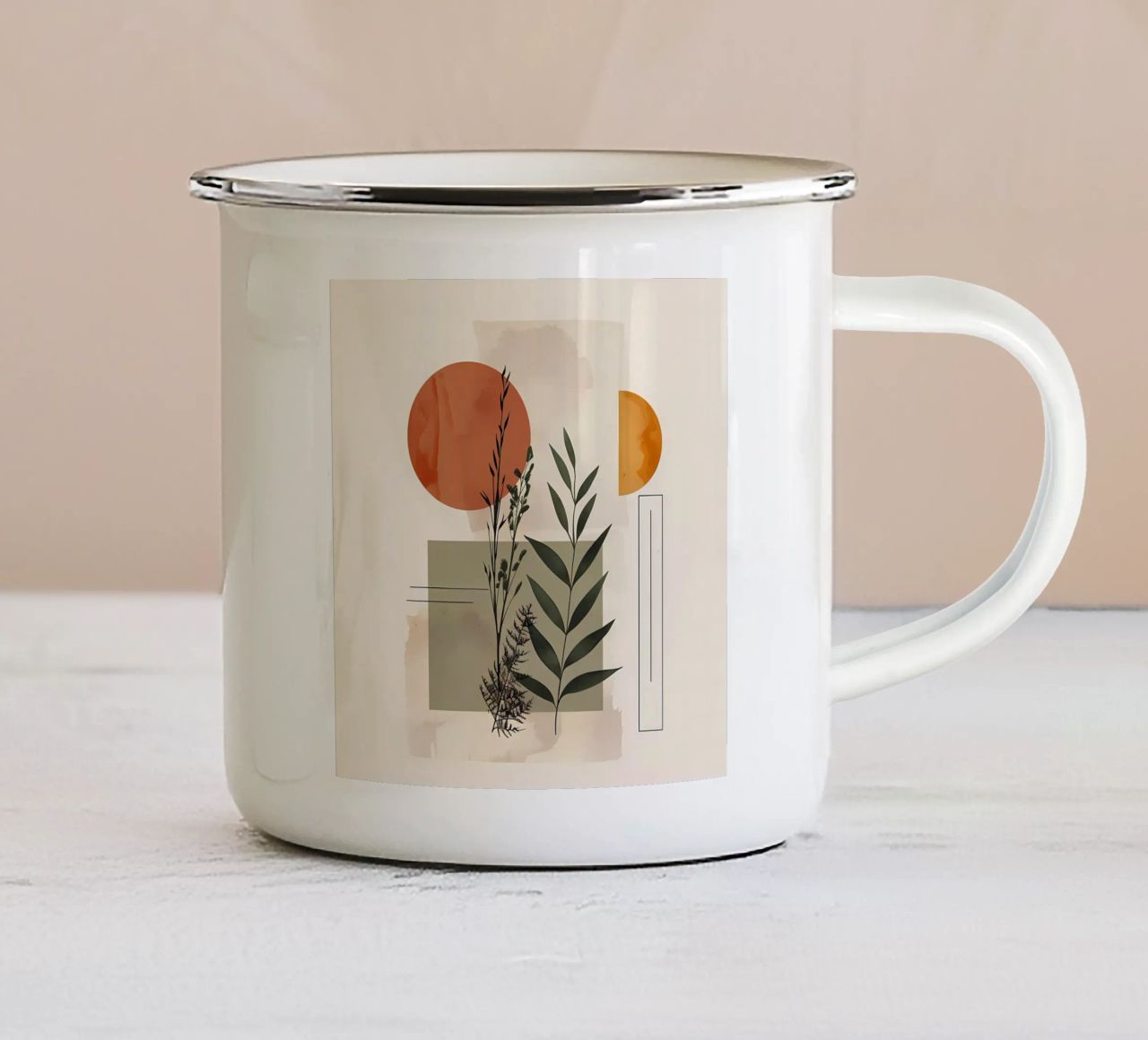 Geometrical elements with botanical composition enamel mug by LaylaOzHome