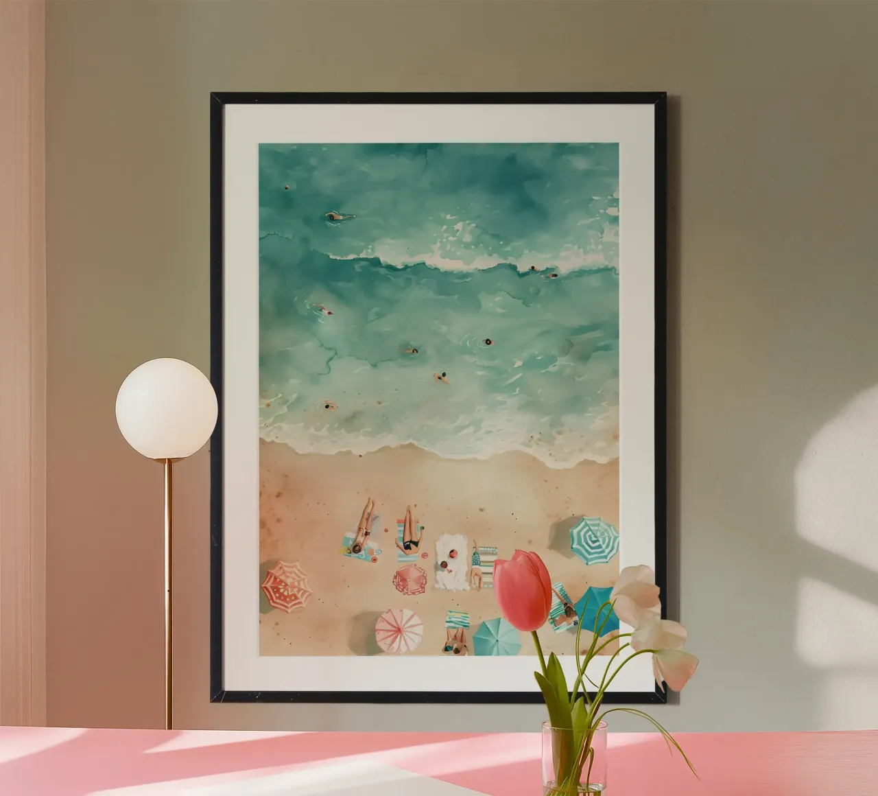 Vista aerea della spiaggia, acquerello sull'oceano poster con telaio in plastica da dawnthesea