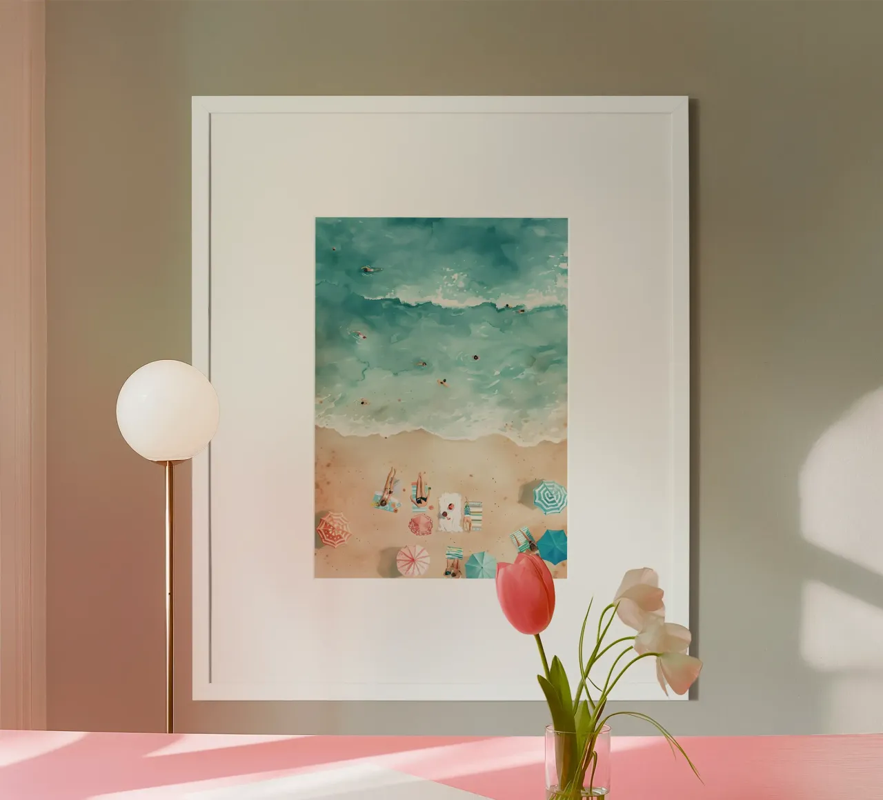 Vista aerea della spiaggia, acquerello sull'oceano poster con telaio in plastica da dawnthesea
