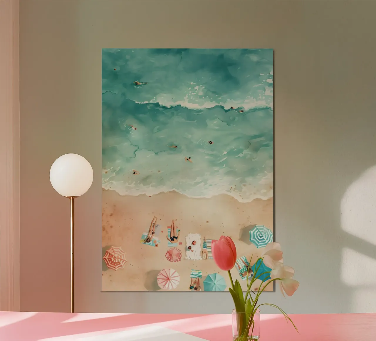 Vista aerea della spiaggia, acquerello sull'oceano poster con telaio in plastica da dawnthesea
