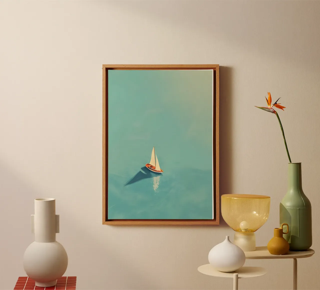 Barca a vela in solitaria su un mare calmo, arte serena tela con Cornice a cassetta da dawnthesea