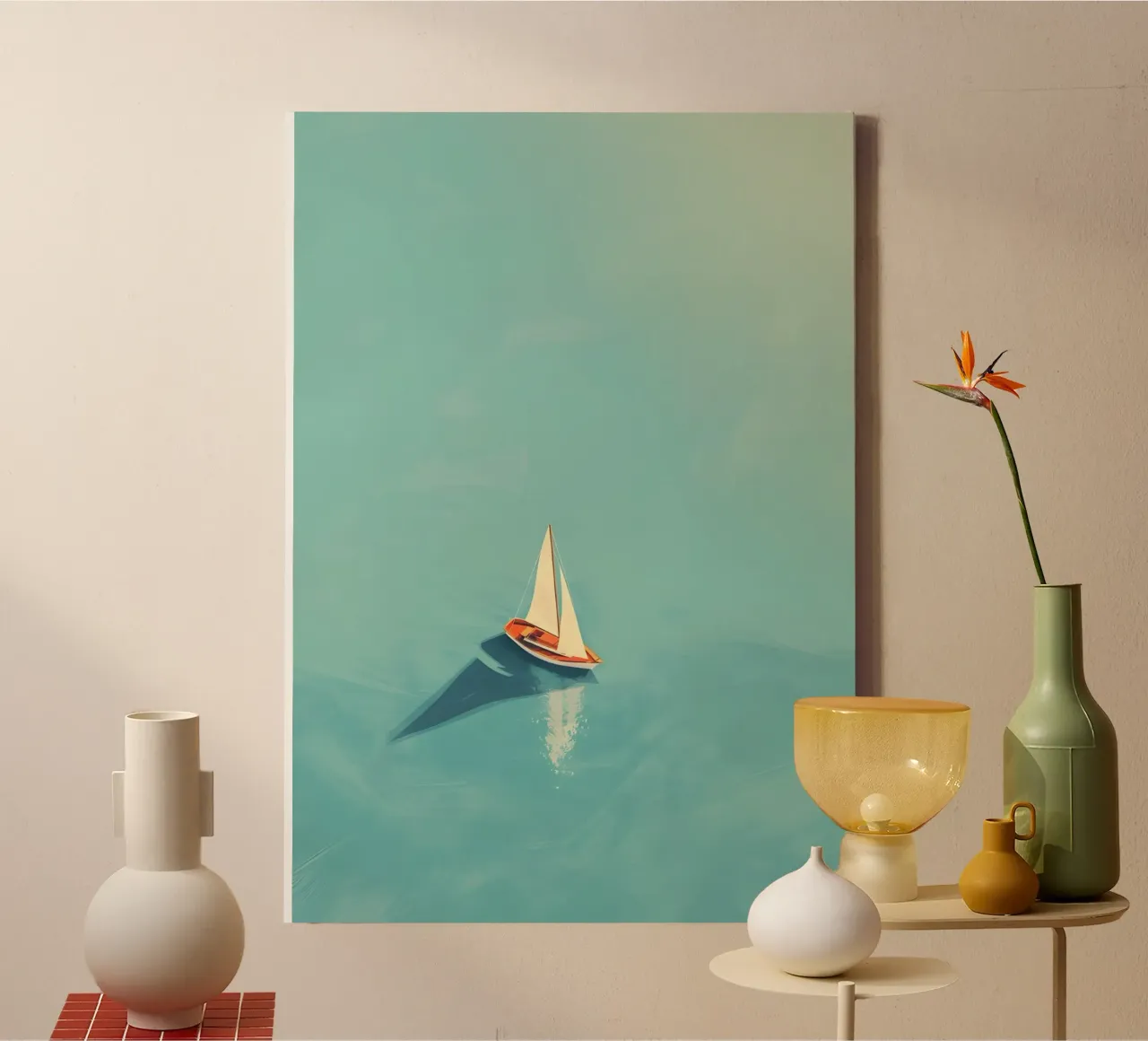 Barca a vela in solitaria su un mare calmo, arte serena tela con Cornice a cassetta da dawnthesea