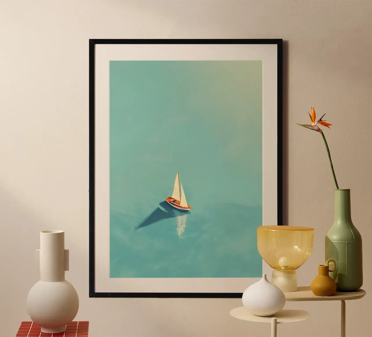 Barca a vela in solitaria su un mare calmo, arte serena poster con telaio in legno da dawnthesea