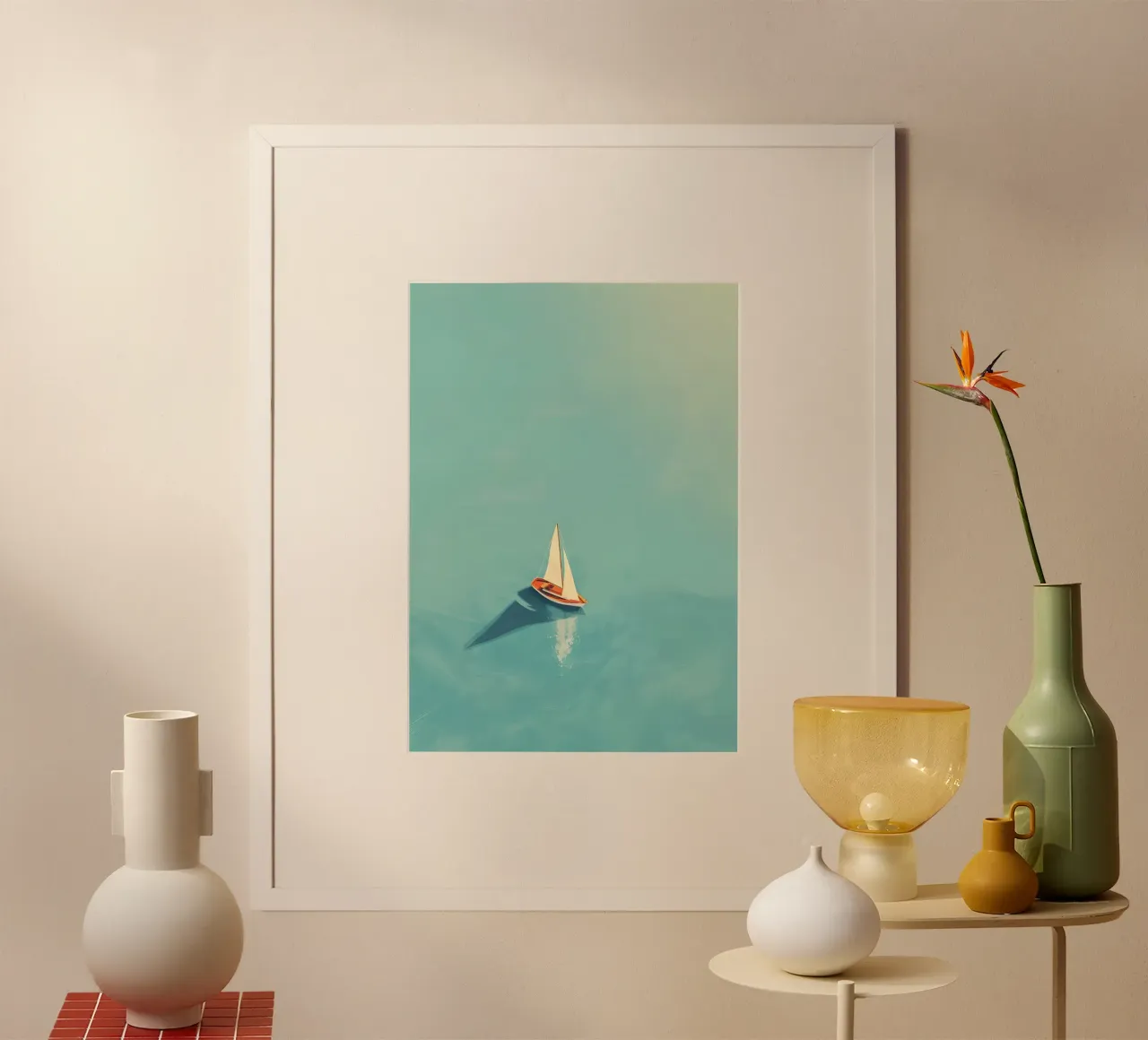 Barca a vela in solitaria su un mare calmo, arte serena poster con telaio in legno da dawnthesea