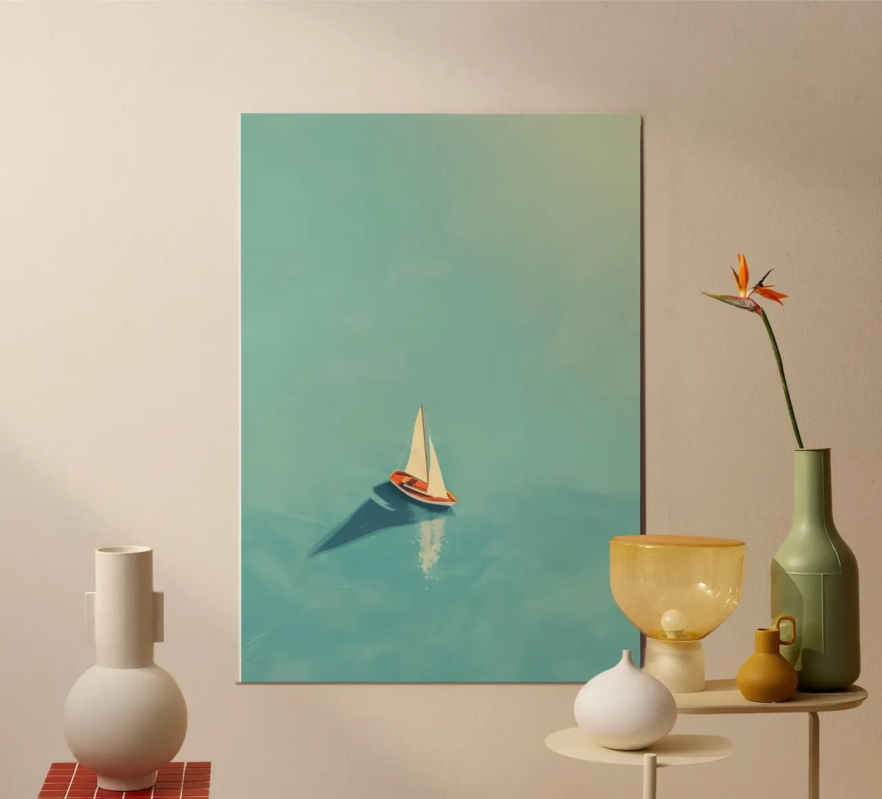 Barca a vela in solitaria su un mare calmo, arte serena poster con telaio in legno da dawnthesea