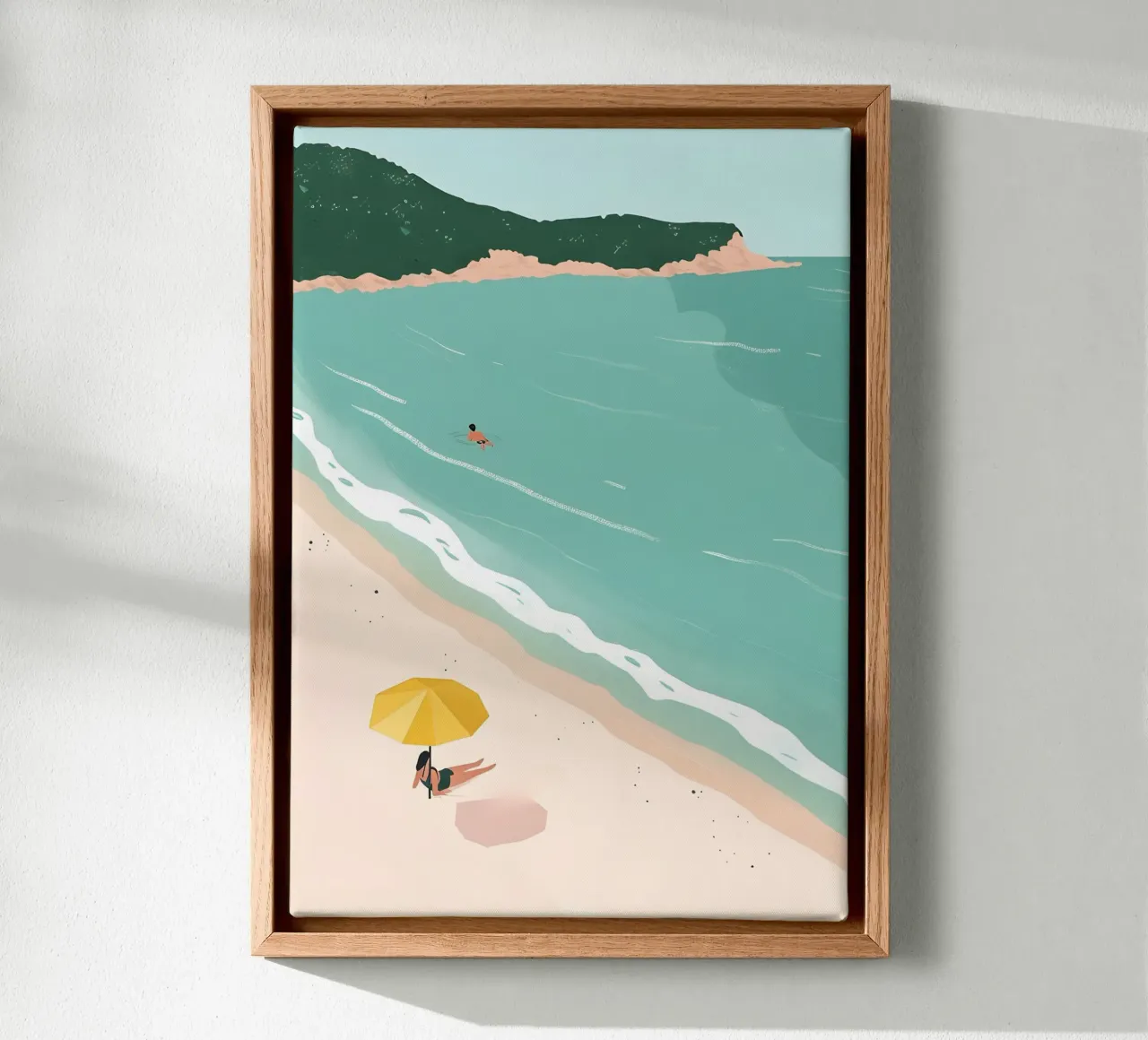 Gele paraplu strand, minimalistische zomerkunst canvas met Baklijst van dawnthesea