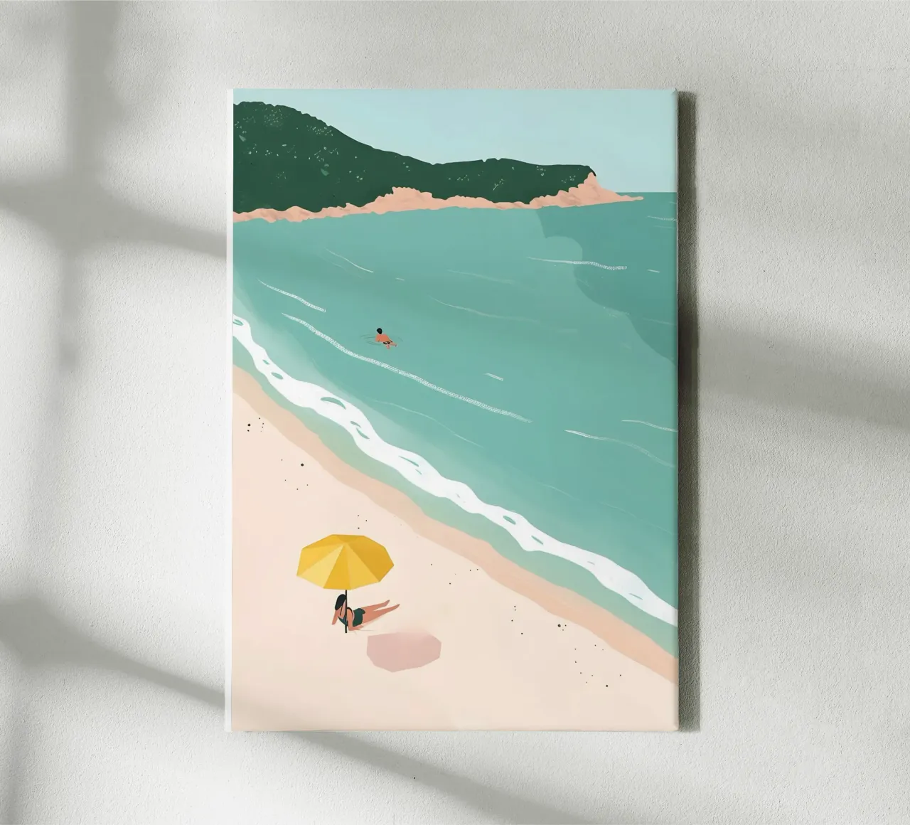 Gele paraplu strand, minimalistische zomerkunst canvas met Baklijst van dawnthesea