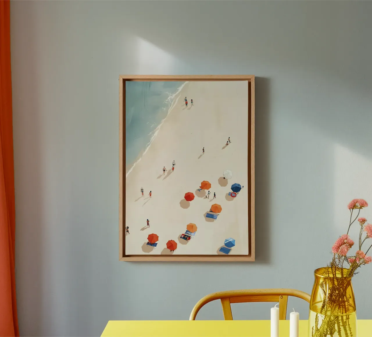 Aerial Beach View, Summer Umbrella Art canvas with Floater frame by dawnthesea