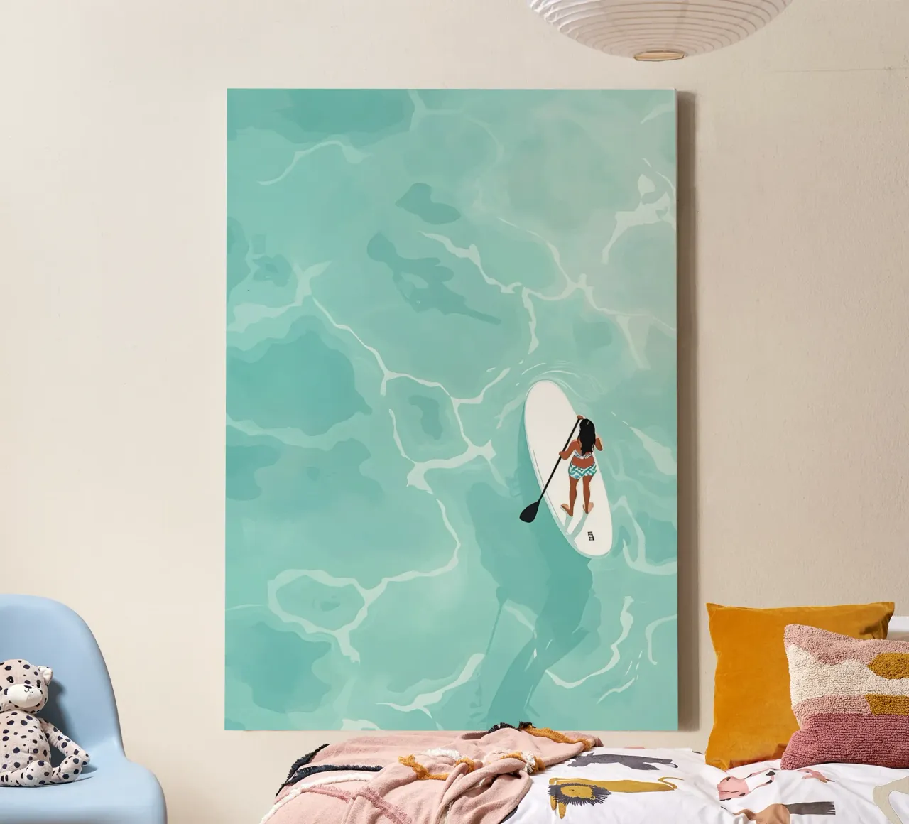 Paddleboarder aereo, arte dell'oceano sereno tela con Cornice a cassetta da dawnthesea