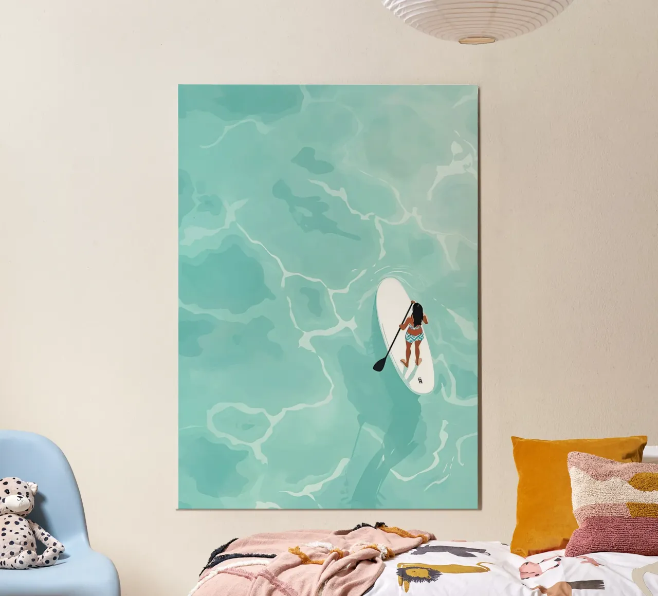Paddleboarder aereo, arte dell'oceano sereno poster con telaio in legno da dawnthesea