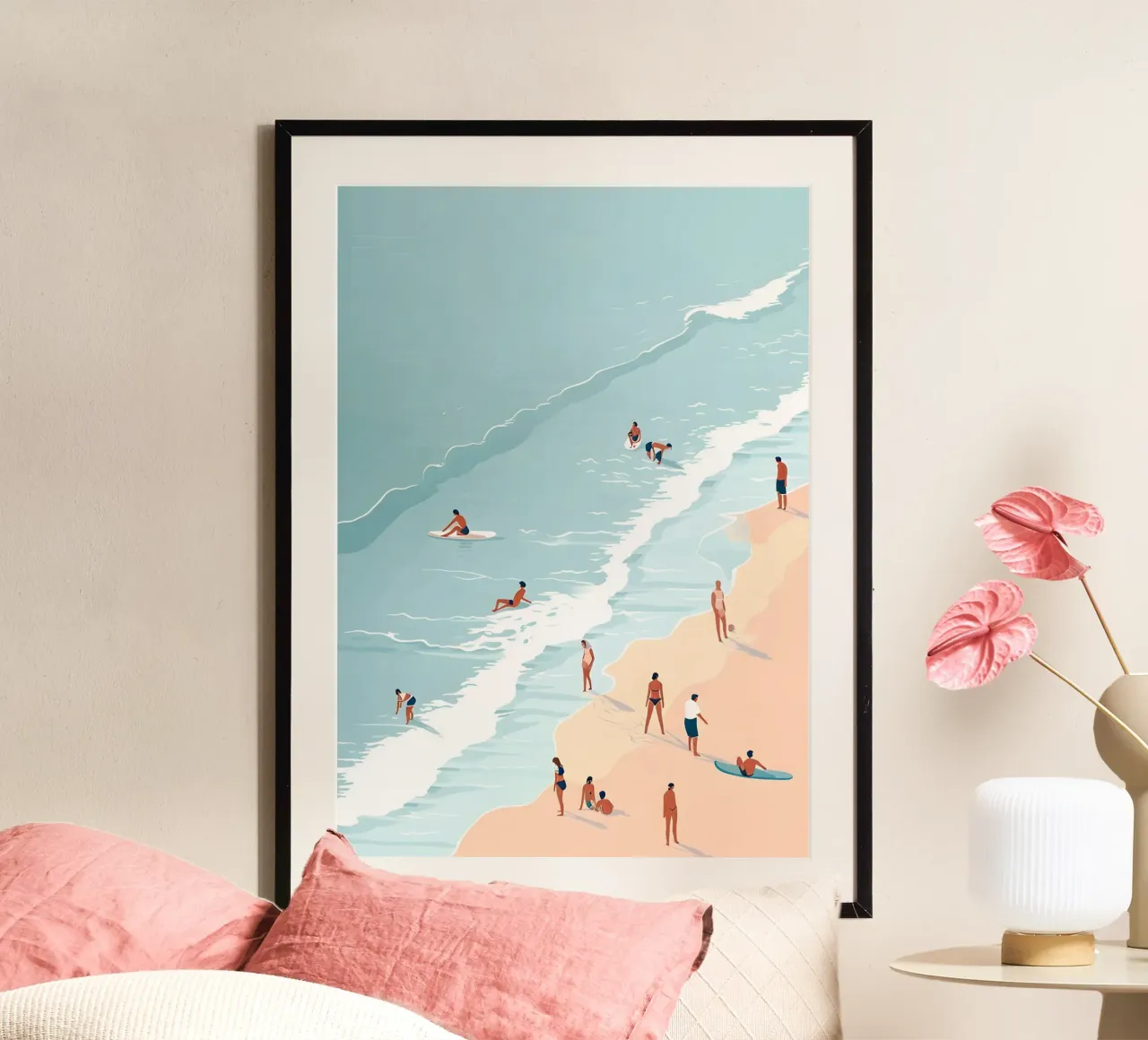 Scena aerea sulla spiaggia, arte costiera a pastello poster con telaio in plastica da dawnthesea