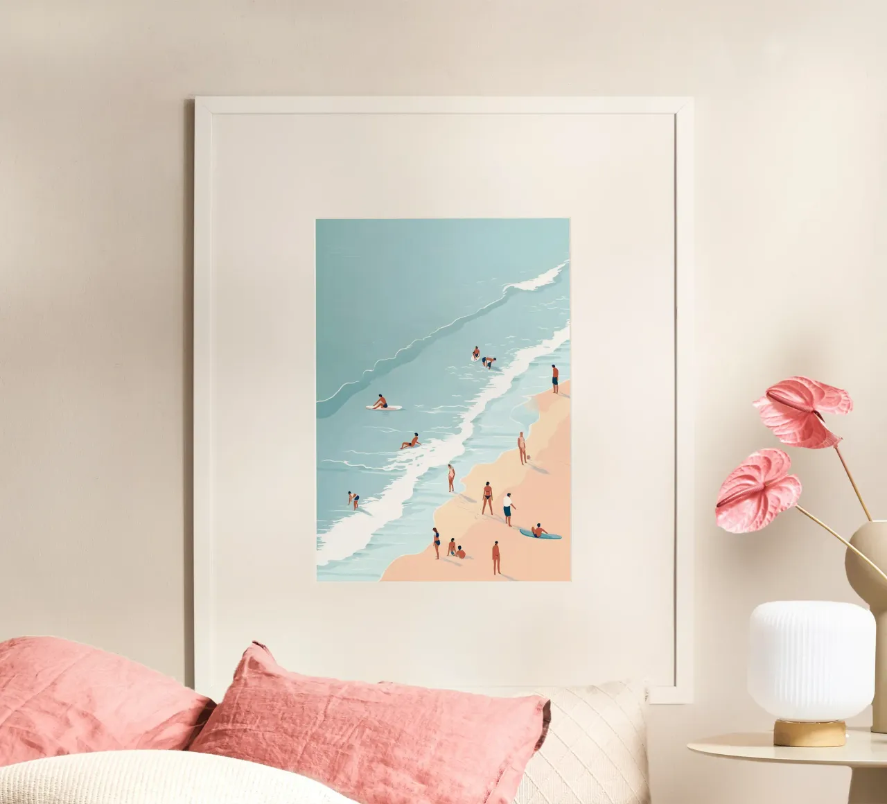 Scena aerea sulla spiaggia, arte costiera a pastello poster con telaio in plastica da dawnthesea